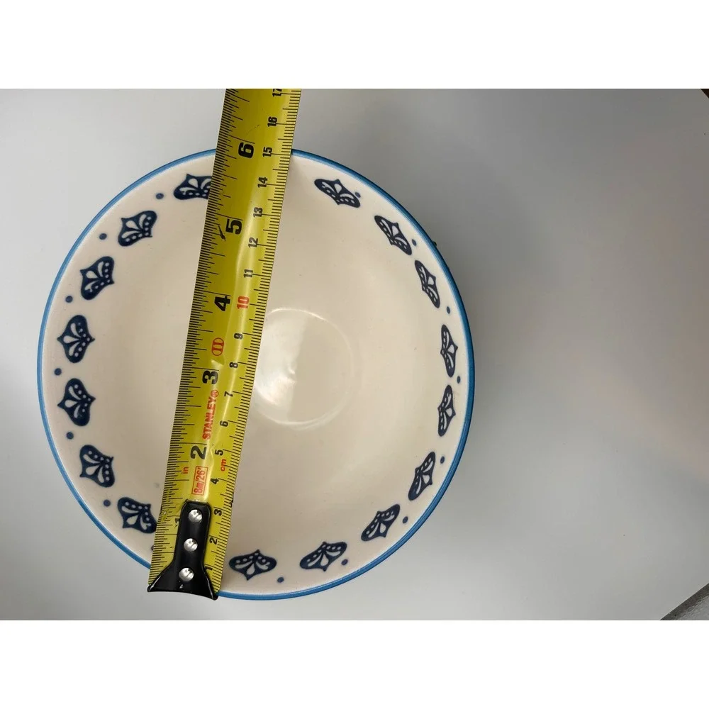 Bohemian Stoneware Footed Bowl Blue Lime Green Floral Damask 6 Inch